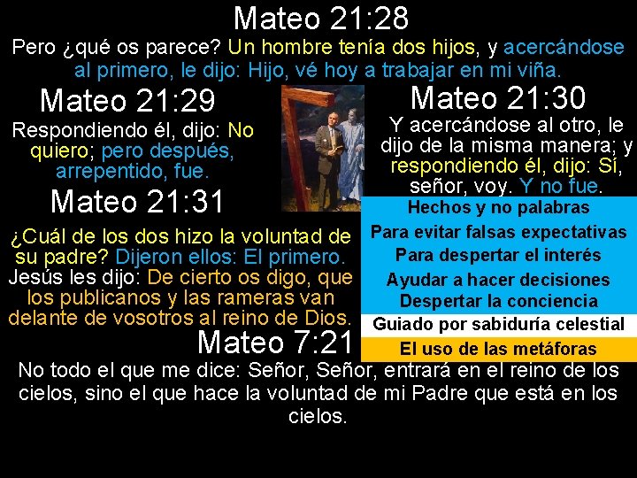 Mateo 21: 28 Pero ¿qué os parece? Un hombre tenía dos hijos, y acercándose