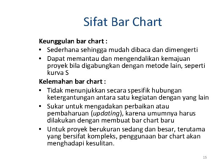 Sifat Bar Chart Keunggulan bar chart : • Sederhana sehingga mudah dibaca dan dimengerti Sifat Bar Chart Keunggulan bar chart : • Sederhana sehingga mudah dibaca dan dimengerti