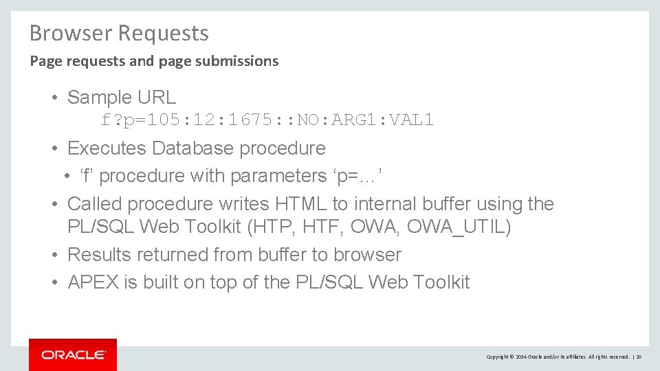 Browser Requests Page requests and page submissions • Sample URL f? p=105: 12: 1675: Browser Requests Page requests and page submissions • Sample URL f? p=105: 12: 1675:
