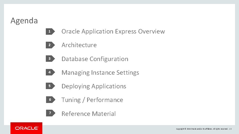 Agenda 1 Oracle Application Express Overview 2 Architecture 3 Database Configuration 4 Managing Instance Agenda 1 Oracle Application Express Overview 2 Architecture 3 Database Configuration 4 Managing Instance