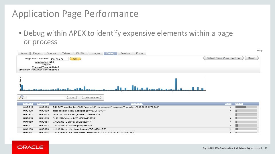 Application Page Performance • Debug within APEX to identify expensive elements within a page Application Page Performance • Debug within APEX to identify expensive elements within a page