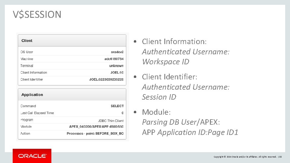 V$SESSION • Client Information: Authenticated Username: Workspace ID • Client Identifier: Authenticated Username: Session V$SESSION • Client Information: Authenticated Username: Workspace ID • Client Identifier: Authenticated Username: Session