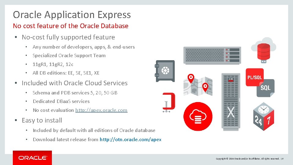 Oracle Application Express No cost feature of the Oracle Database • No-cost fully supported Oracle Application Express No cost feature of the Oracle Database • No-cost fully supported