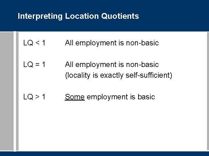 Interpreting Location Quotients LQ < 1 All employment is non-basic LQ = 1 All