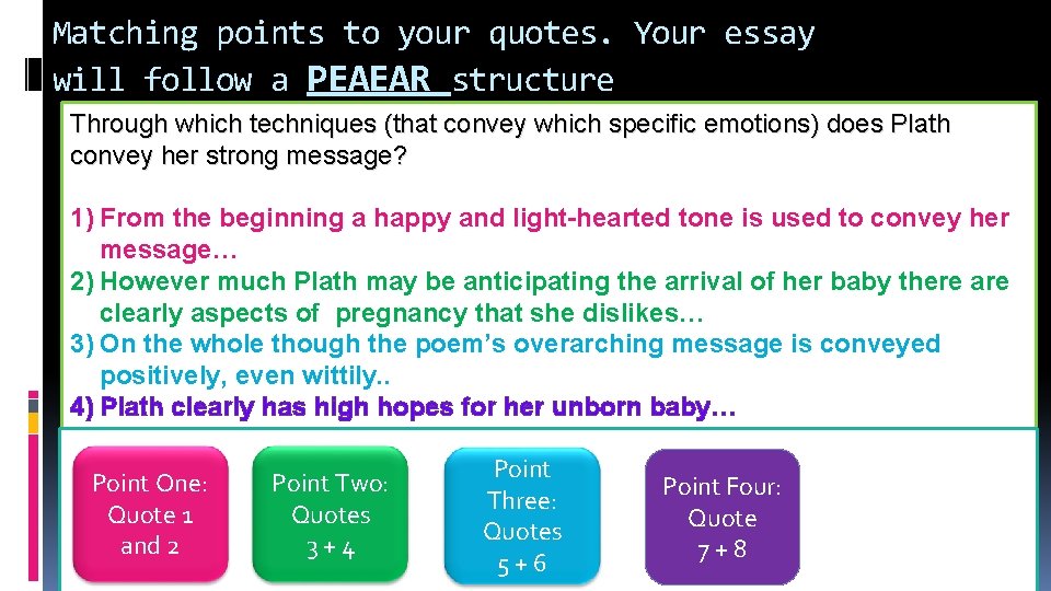 Matching points to your quotes. Your essay will follow a PEAEAR structure Through which