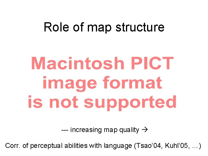 Role of map structure --- increasing map quality Corr. of perceptual abilities with language Role of map structure --- increasing map quality Corr. of perceptual abilities with language