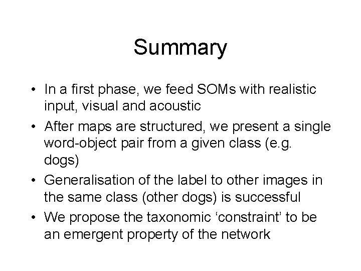 Summary • In a first phase, we feed SOMs with realistic input, visual and Summary • In a first phase, we feed SOMs with realistic input, visual and