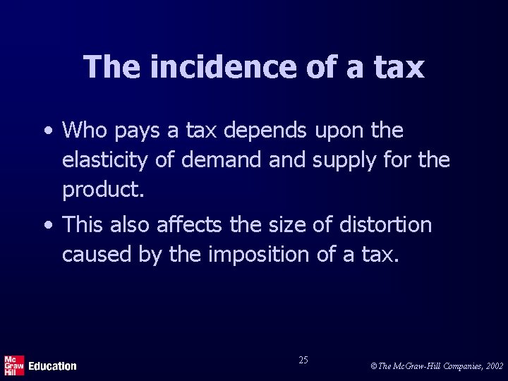 The incidence of a tax • Who pays a tax depends upon the elasticity