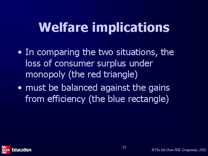 Welfare implications • In comparing the two situations, the loss of consumer surplus under