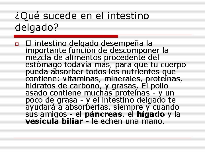 ¿Qué sucede en el intestino delgado? o El intestino delgado desempeña la importante función