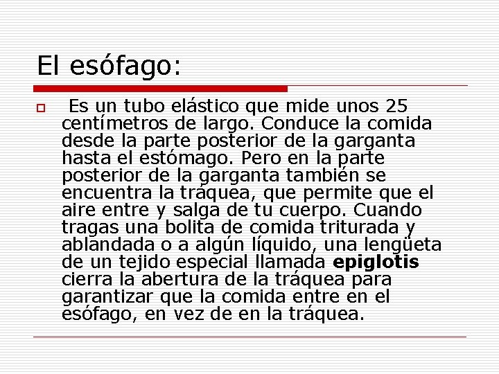 El esófago: o Es un tubo elástico que mide unos 25 centímetros de largo.