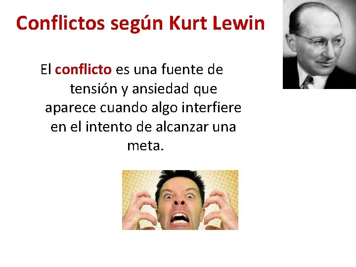 Conflictos según Kurt Lewin El conflicto es una fuente de tensión y ansiedad que