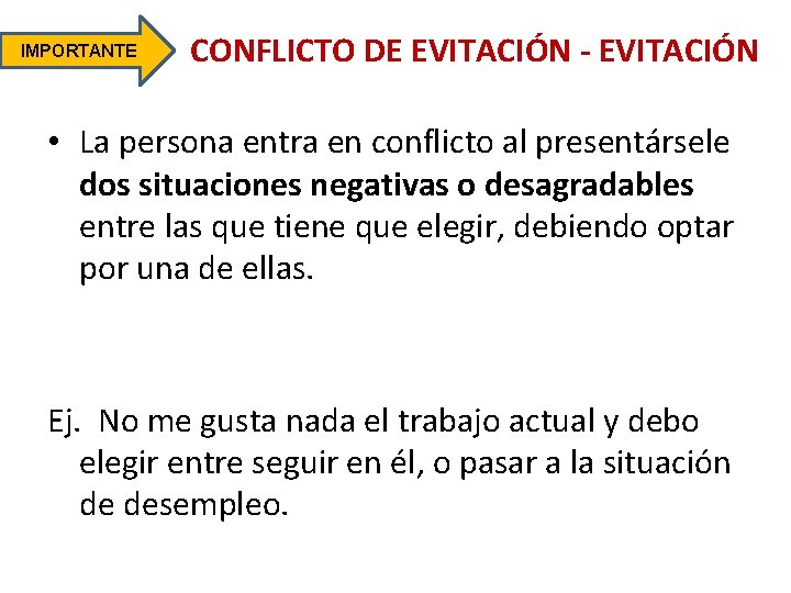 IMPORTANTE CONFLICTO DE EVITACIÓN - EVITACIÓN • La persona entra en conflicto al presentársele