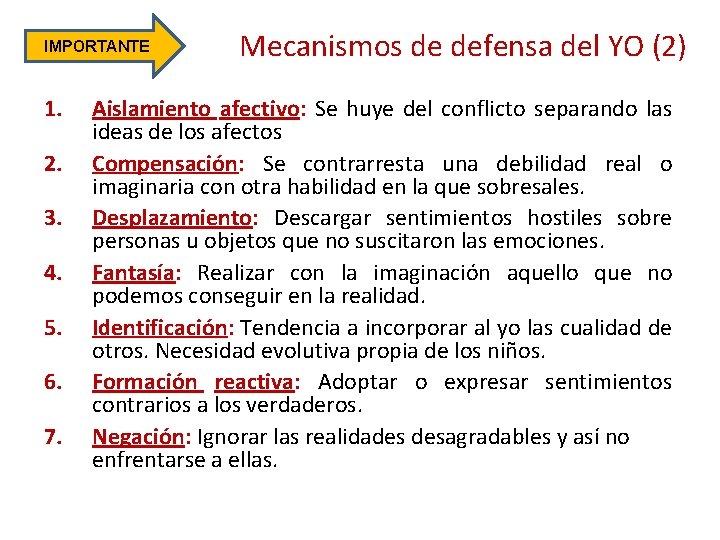 IMPORTANTE 1. 2. 3. 4. 5. 6. 7. Mecanismos de defensa del YO (2)