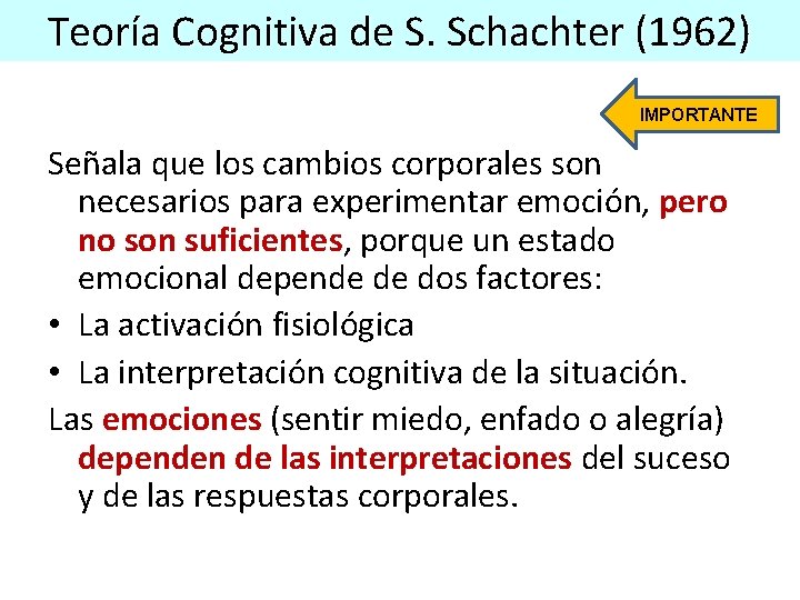 Teoría Cognitiva de S. Schachter (1962) IMPORTANTE Señala que los cambios corporales son necesarios