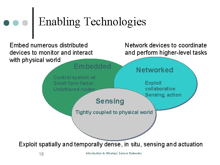 Enabling Technologies Embed numerous distributed devices to monitor and interact with physical world Network
