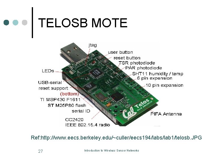 TELOSB MOTE Ref: http: //www. eecs. berkeley. edu/~culler/eecs 194/labs/lab 1/telosb. JPG 27 Introduction to