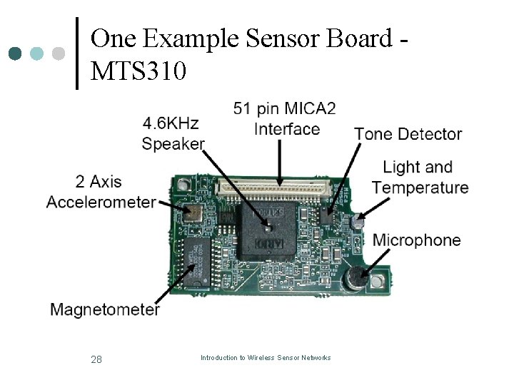 One Example Sensor Board MTS 310 28 Introduction to Wireless Sensor Networks 