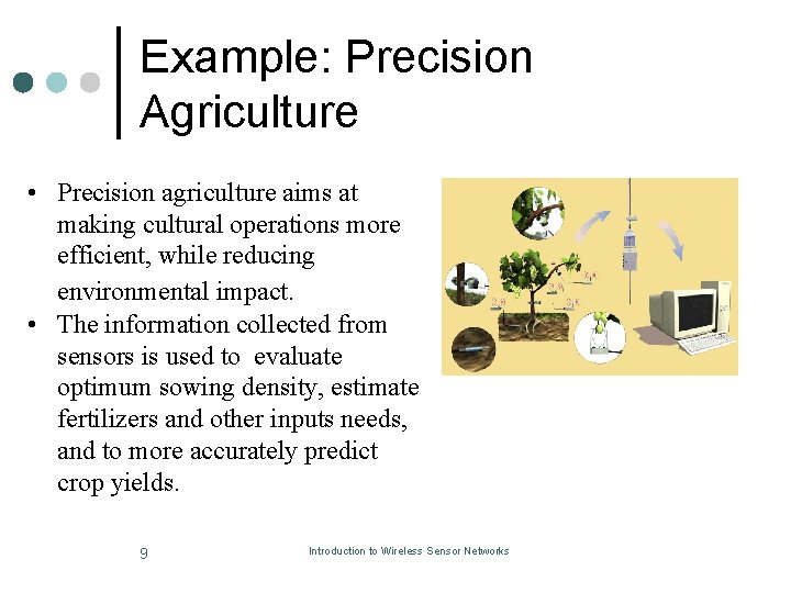 Example: Precision Agriculture • Precision agriculture aims at making cultural operations more efficient, while