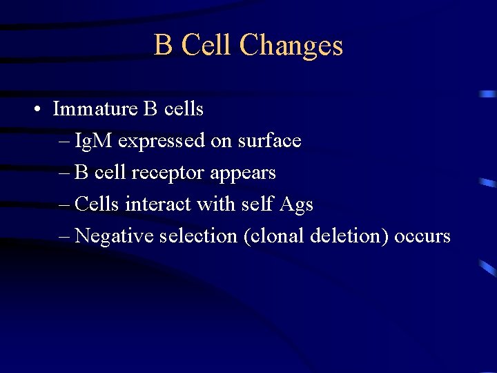 B Cell Changes • Immature B cells – Ig. M expressed on surface –