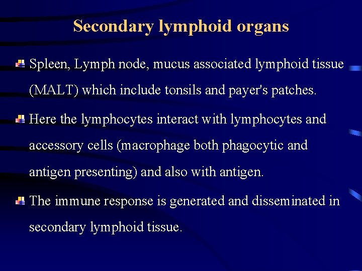 Secondary lymphoid organs Spleen, Lymph node, mucus associated lymphoid tissue (MALT) which include tonsils