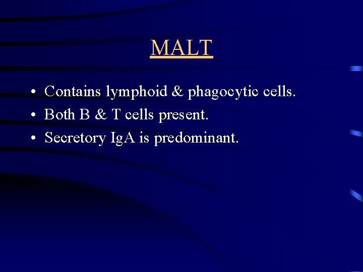 MALT • Contains lymphoid & phagocytic cells. • Both B & T cells present.