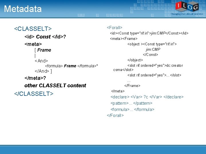 Metadata <CLASSELT> <id> Const </id>? <meta> [ Frame | <And> <formula> Frame </formula>* </And>