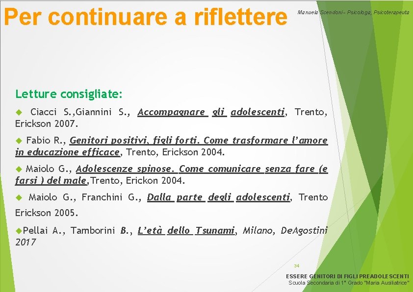 Per continuare a riflettere Manuela Scendoni - Psicologa, Psicoterapeuta Letture consigliate: Ciacci S. ,