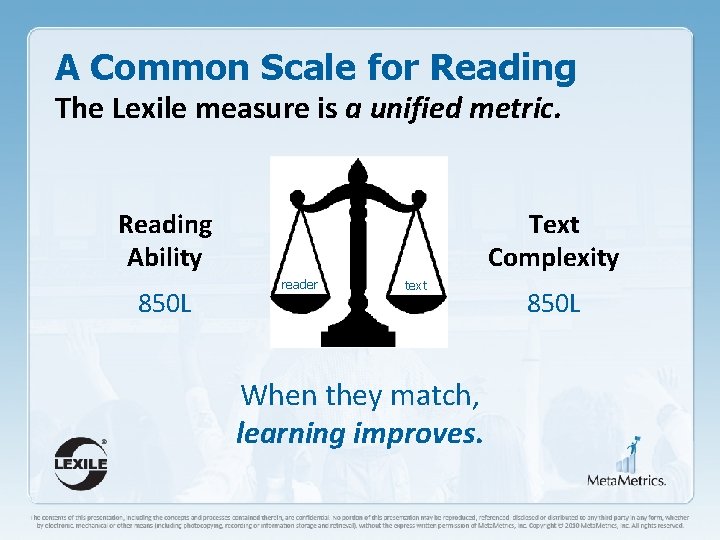 A Common Scale for Reading The Lexile measure is a unified metric. Reading Ability