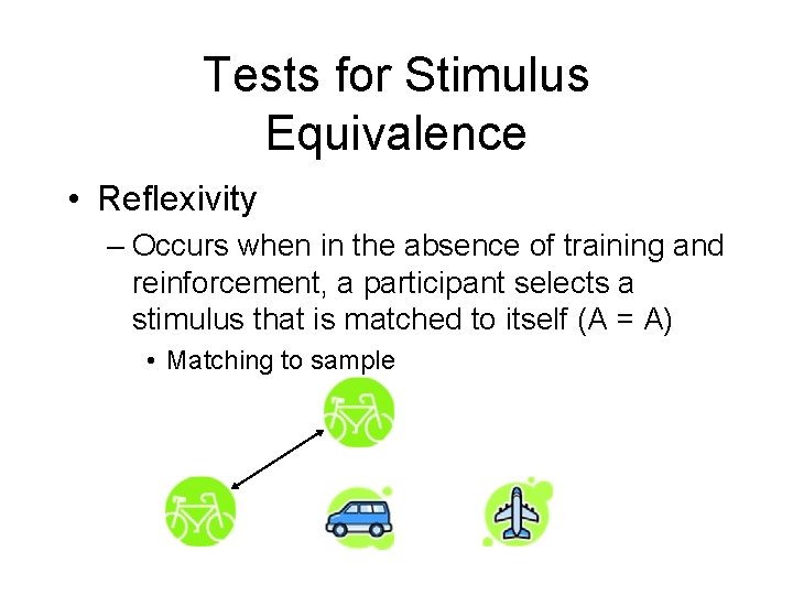 Tests for Stimulus Equivalence • Reflexivity – Occurs when in the absence of training