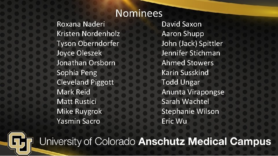 Nominees Roxana Naderi Kristen Nordenholz Tyson Oberndorfer Joyce Oleszek Jonathan Orsborn Sophia Peng Cleveland