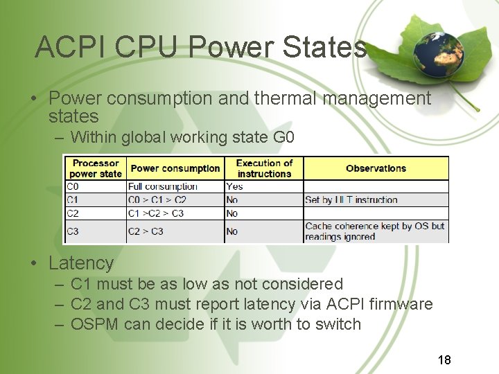 ACPI CPU Power States • Power consumption and thermal management states – Within global