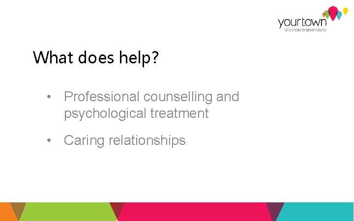 What does help? • Professional counselling and psychological treatment • Caring relationships 