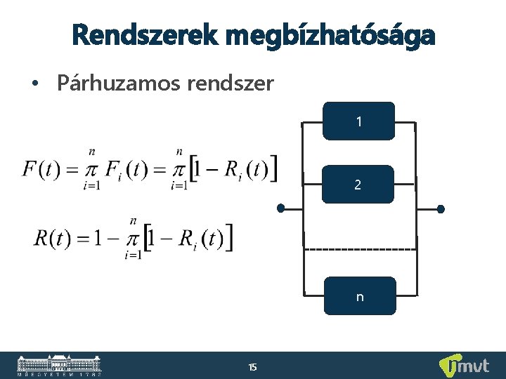 Rendszerek megbízhatósága • Párhuzamos rendszer 1 2 n 15 Rendszerek megbízhatósága • Párhuzamos rendszer 1 2 n 15