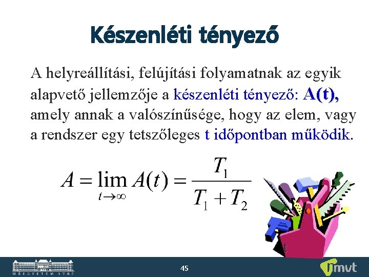 Készenléti tényező A helyreállítási, felújítási folyamatnak az egyik alapvető jellemzője a készenléti tényező: A(t), Készenléti tényező A helyreállítási, felújítási folyamatnak az egyik alapvető jellemzője a készenléti tényező: A(t),