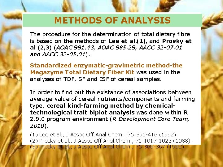 METHODS OF ANALYSIS The procedure for the determination of total dietary fibre is based