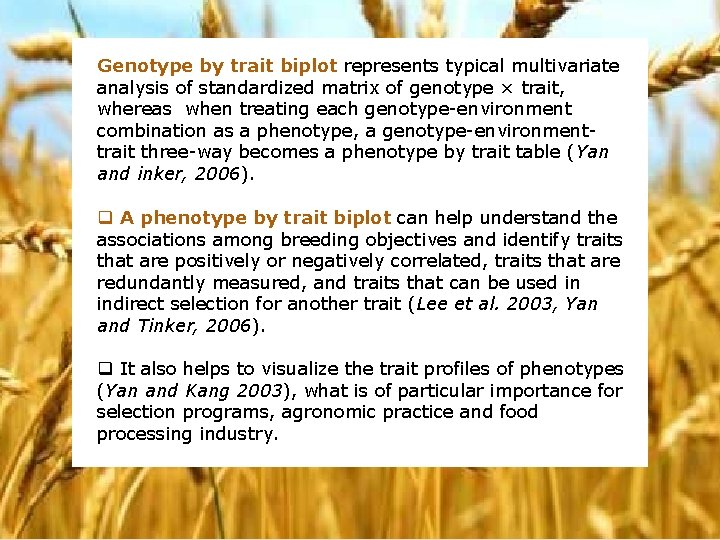 Genotype by trait biplot represents typical multivariate analysis of standardized matrix of genotype ×