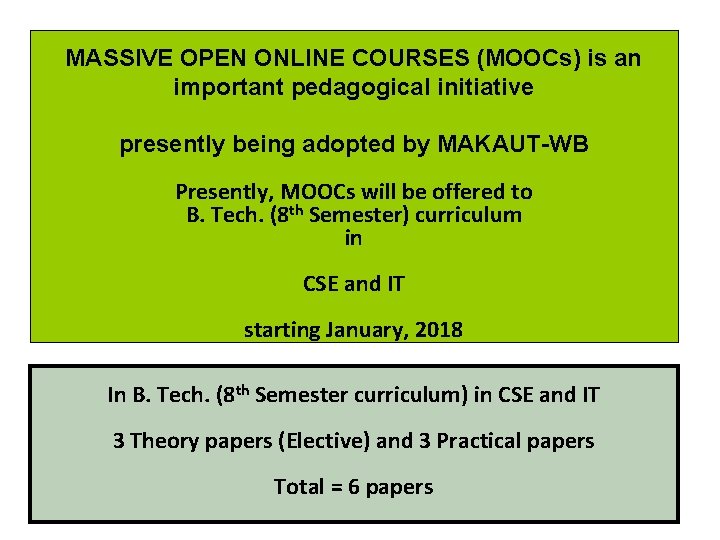 MASSIVE OPEN ONLINE COURSES (MOOCs) is an important pedagogical initiative presently being adopted by