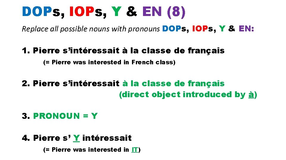 DOPs, IOPs, Y & EN (8) Replace all possible nouns with pronouns DOPs, IOPs,