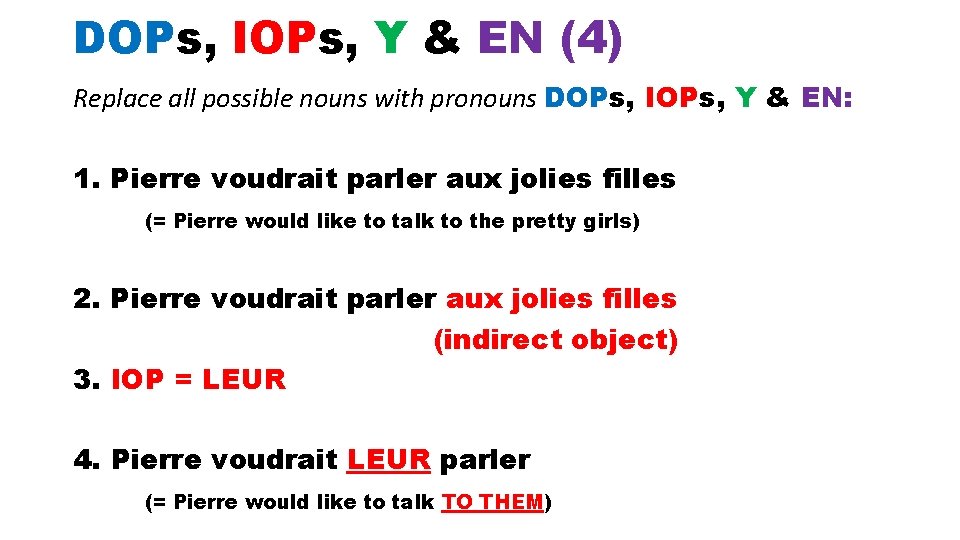 DOPs, IOPs, Y & EN (4) Replace all possible nouns with pronouns DOPs, IOPs,
