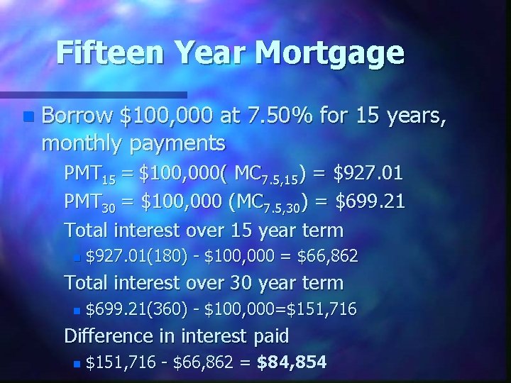 Fifteen Year Mortgage n Borrow $100, 000 at 7. 50% for 15 years, monthly