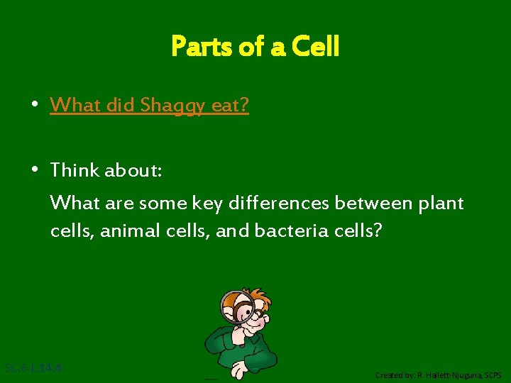 Parts of a Cell • What did Shaggy eat? • Think about: What are