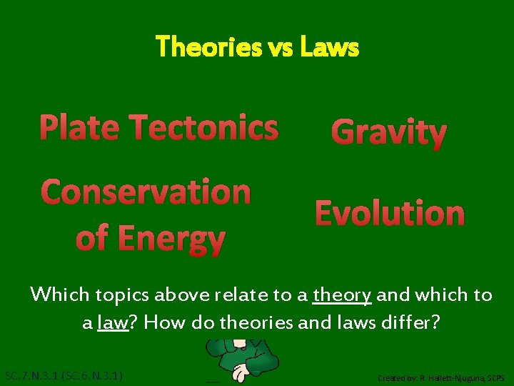 Theories vs Laws Plate Tectonics Conservation of Energy Gravity Evolution Which topics above relate