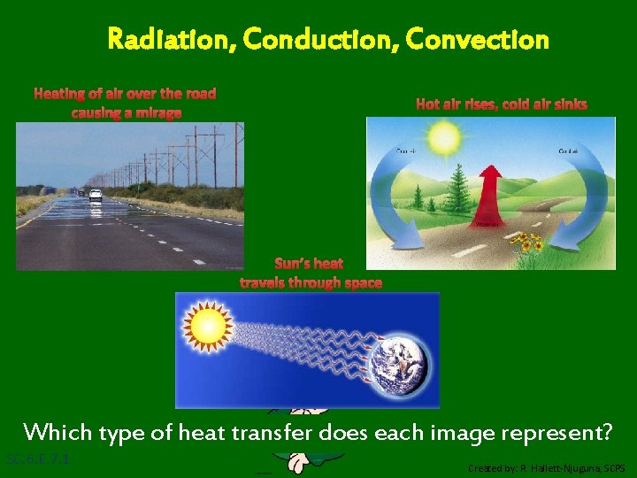 Radiation, Conduction, Convection Heating of air over the road causing a mirage Hot air