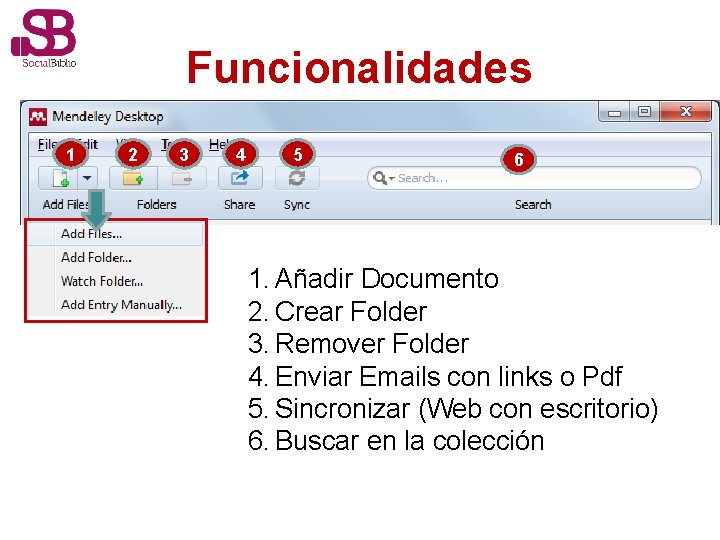 Funcionalidades 1 2 3 4 5 6 1. Añadir Documento 2. Crear Folder 3.