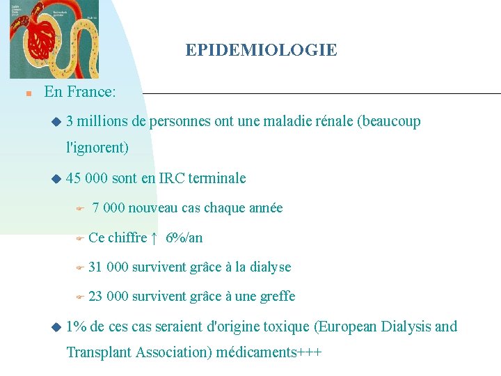 EPIDEMIOLOGIE En France: 3 millions de personnes ont une maladie rénale (beaucoup l'ignorent) 45