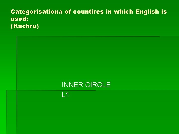 Categorisationa of countires in which English is used: (Kachru) INNER CIRCLE L 1 Categorisationa of countires in which English is used: (Kachru) INNER CIRCLE L 1