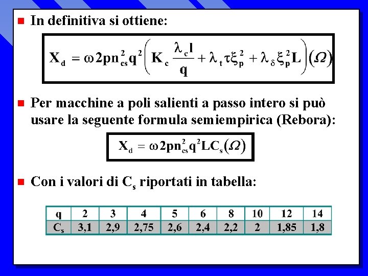 n In definitiva si ottiene: n Per macchine a poli salienti a passo intero