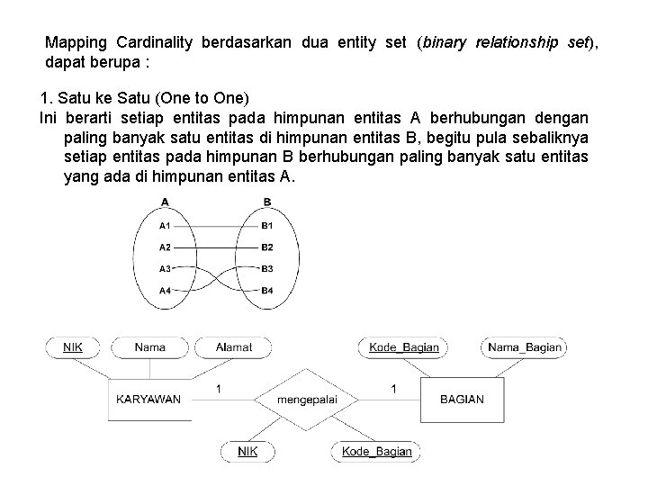 Mapping Cardinality berdasarkan dua entity set (binary relationship set), dapat berupa : 1. Satu