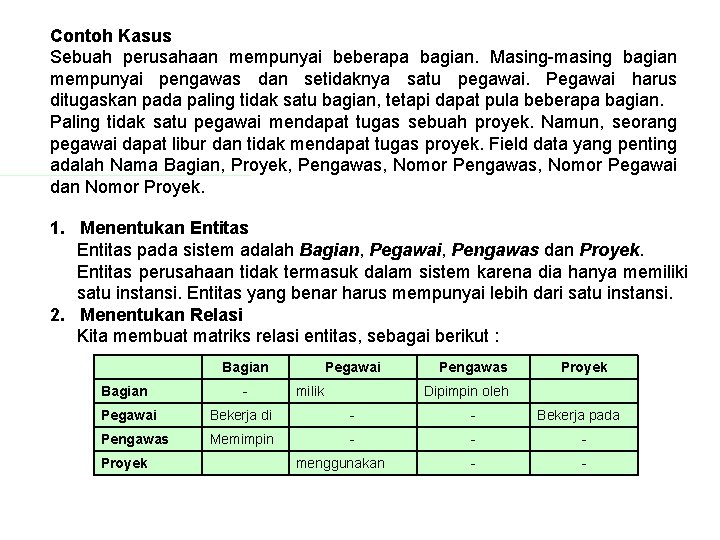 Contoh Kasus Sebuah perusahaan mempunyai beberapa bagian. Masing-masing bagian mempunyai pengawas dan setidaknya satu